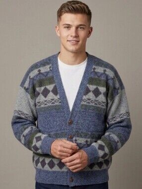 Vintage Expressions Worldwide 90s Geometric Retro Cardigan Sweater Men's Large